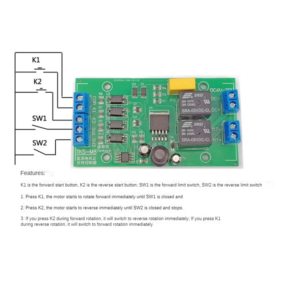 ตัวควบคุมเดินหน้าและถอยหลัง DC 6V 12V 24V 20A กระแสสูงจอ DC รีเลย์ยกบอร์ดคอนโทรล P0