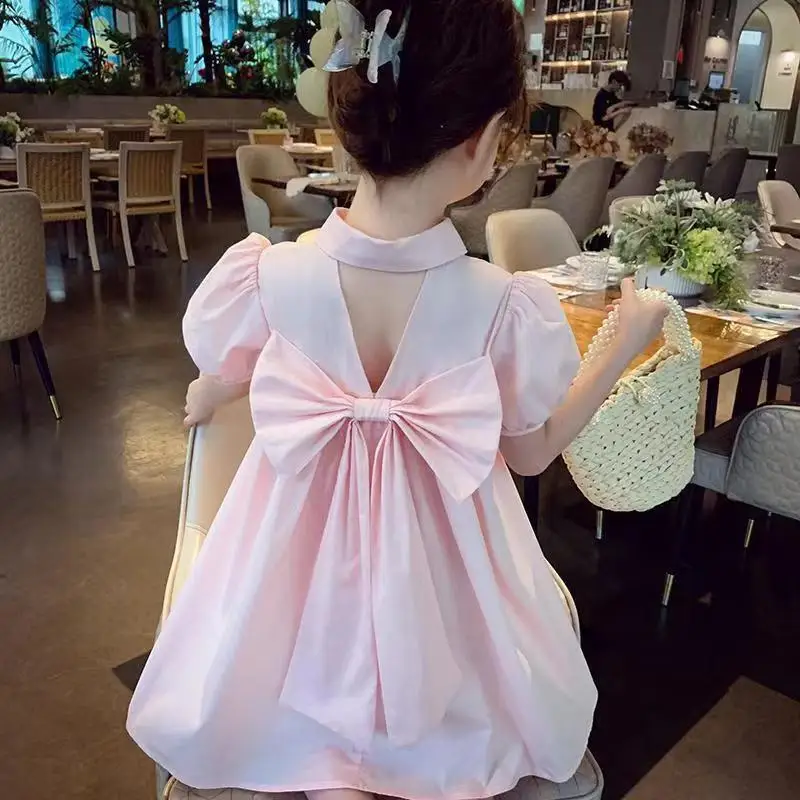 Children Bubble Sleeves Turn-down Collar Sweet Pink Back Bow A-line Dress 2024 Summer New Girl\'s Fashion Casual Dress