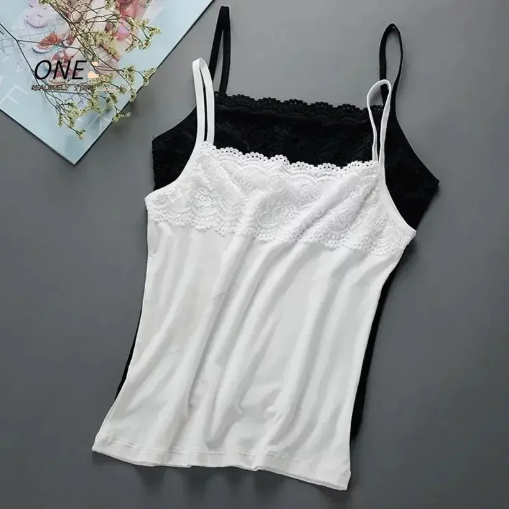 

Women Basic Layer Sleeveless for Tank Top Scalloped Floral Lace Splicing Chest Slim Camisole Stretchy Spaghetti Strap Solid