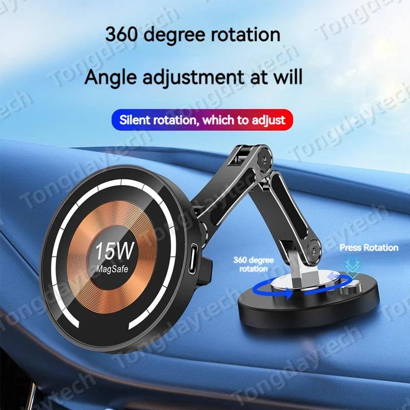 15W Magnetic Car Wireless Charger 360 Rotation 2in1 Aluminum Alloy Foldable Stand For Iphone 14 13 12 11 Pro Max Samsung Xiaomi