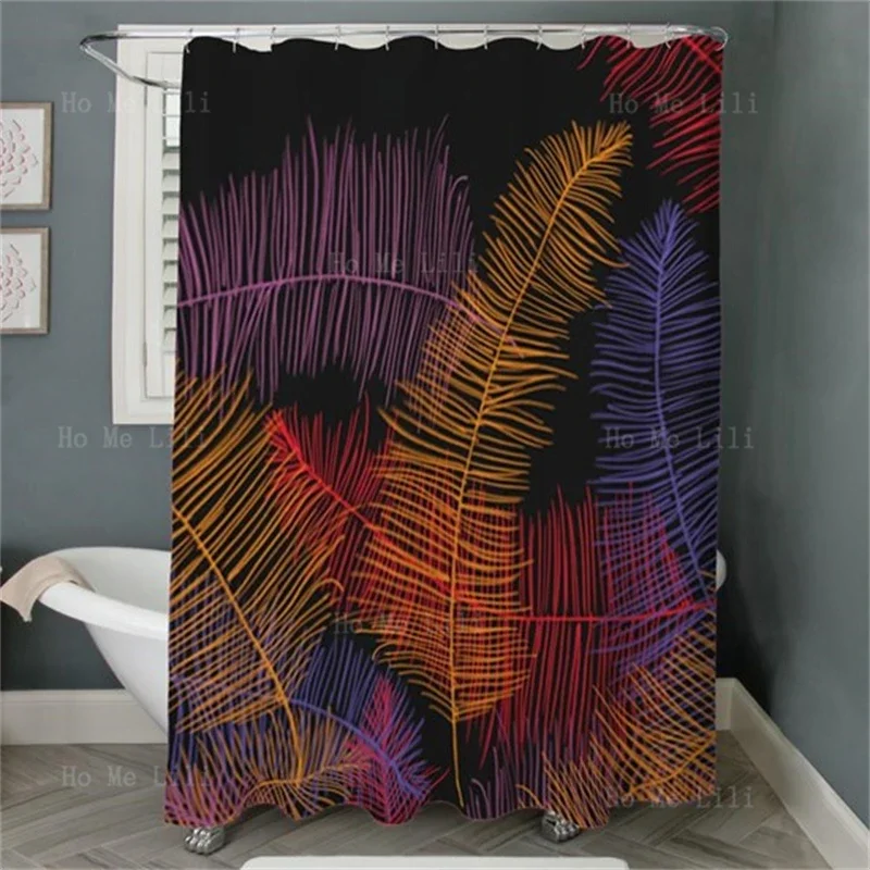 Multicolored Feather Line Leaves Placed Irregularly Highlight A Black Background Design Shower Curtain With Hooks