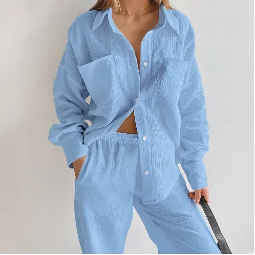 New Fall Fashion for Women Double-deck Crape Yarn Lapel Loose Comfortable Long Sleeve Pajamas for Women's Home Wear Set Y2k