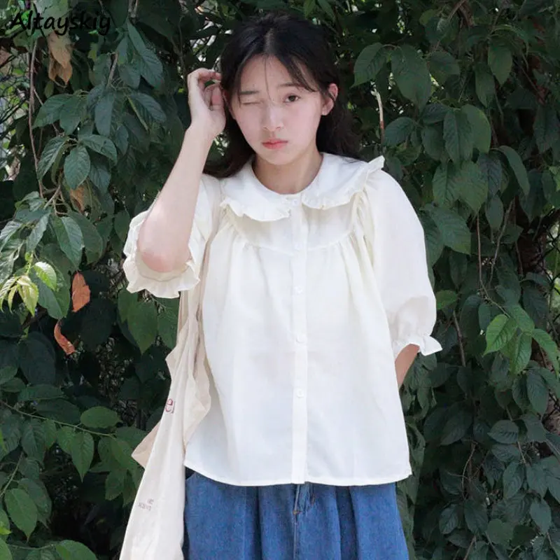 

Ruffles Shirts Women Peter Pan Collar Fashion Sweet Ulzzang Simple All-match Princess College Temperament Summer Casual Classic