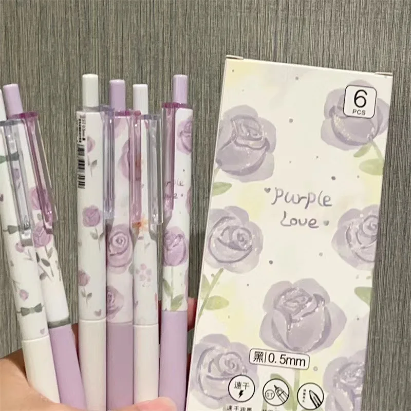 6 Pcs/Set purple rose heart Gel Pens 0.5mm Press Ballpoint Pens Black Ink Writing Pens Office School Stationery Supplies