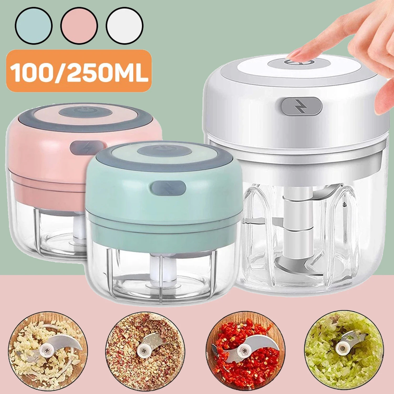 Electric Garlic Chopper Mini Portable Veggie Chopper 100/250ML Garlic Grinder Masher Onion Chopper Blender to Vegetable