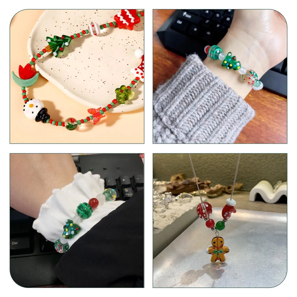 50Pcs Cute Christmas Lampwork Beads & Glass Beads Christmas Tree Snowman Round Beads for Xmas Bracelet Jewelry Making DIY Decor