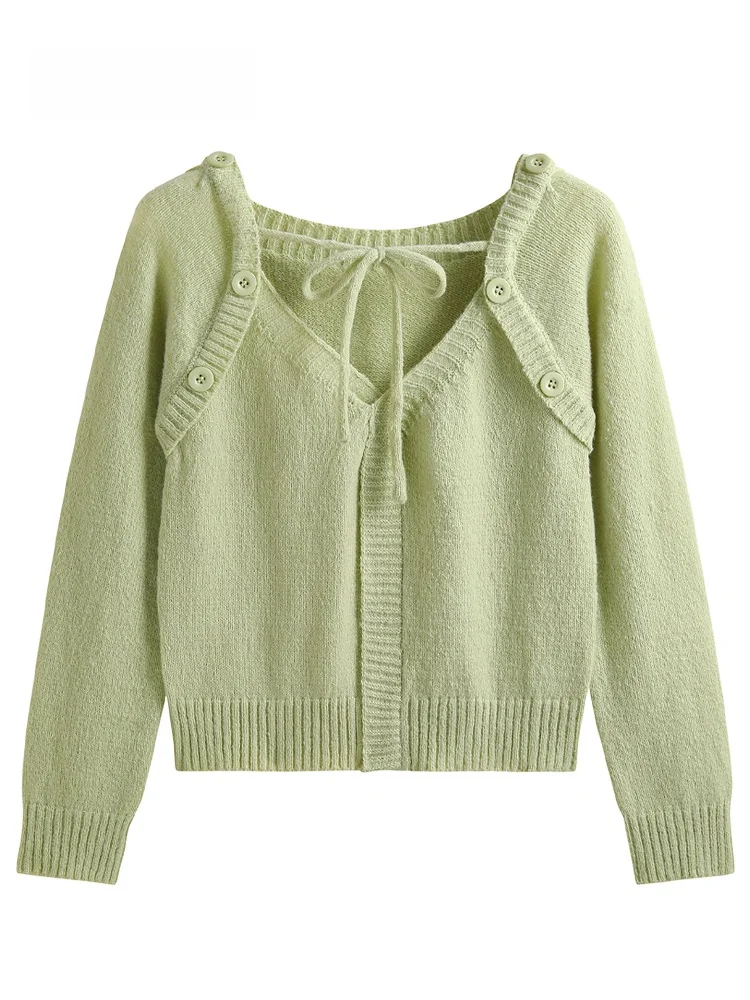 

JZZDEMM Women's Knitted ort Top Button Decorated Waist-Cinching V-ne Long Sve Pullover Retro Sle Slim Fit Knitwear