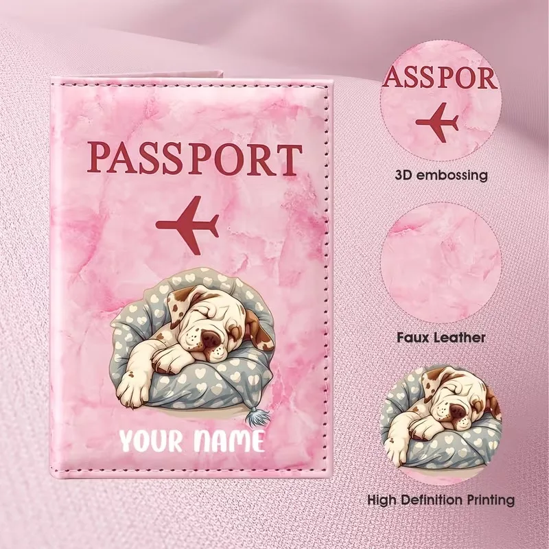 Personalized Custom Name Cute Dog Pattern Design Passport Holder, Adorable Pet Sleeping Position Illustration Style Presents