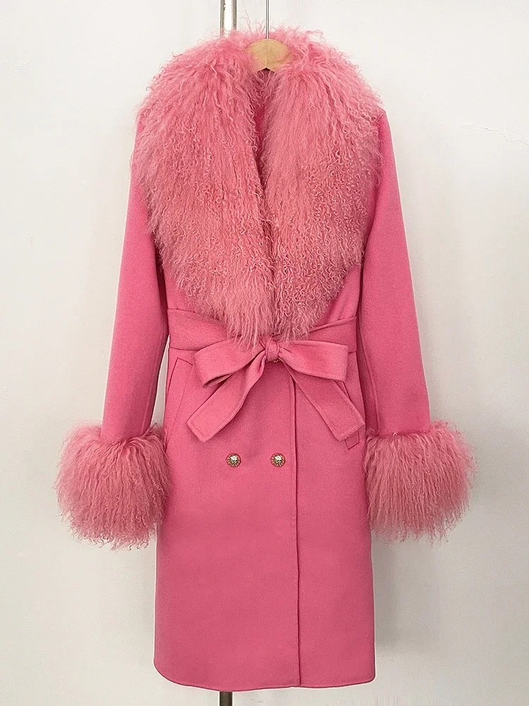 

New Women Fashion Natural Mongolia Sheep Fur Wool Jacket Autumn Winter Clothes Lady Warm Long Real Fur Woolen Coat Female