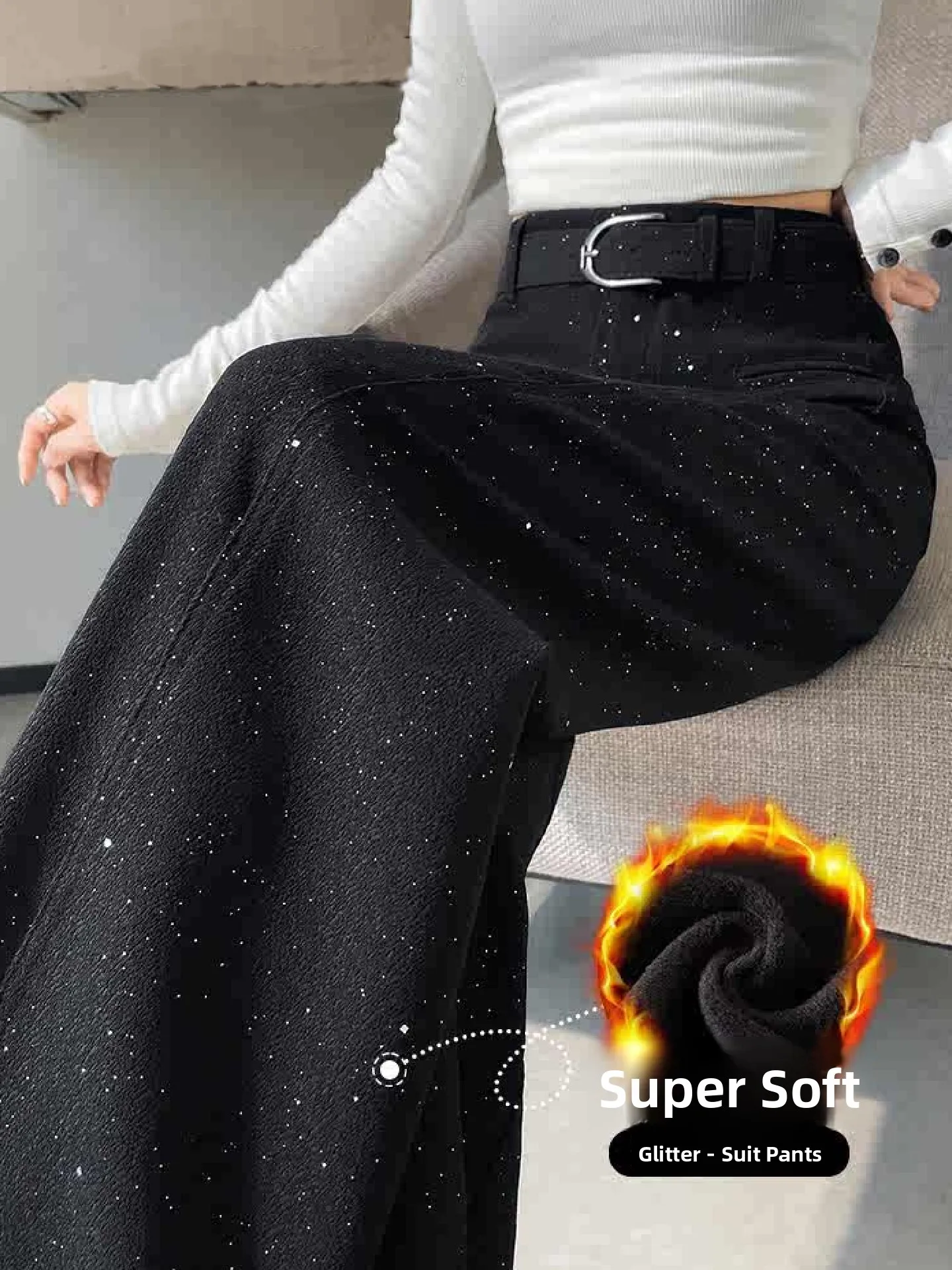 

High Waist Fleece Lined Thickened Knife Wide Leg Pants Women's Autumn Winter New Style High Fashion Black Suit Trousers