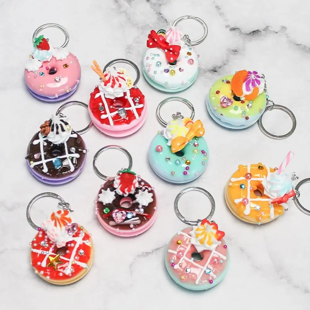 Creative 3D Simulation Doughnut Key Chain Pearl Rhinestone Food Keyring Backpack Bag Decoration for Women Jewelry Accessories