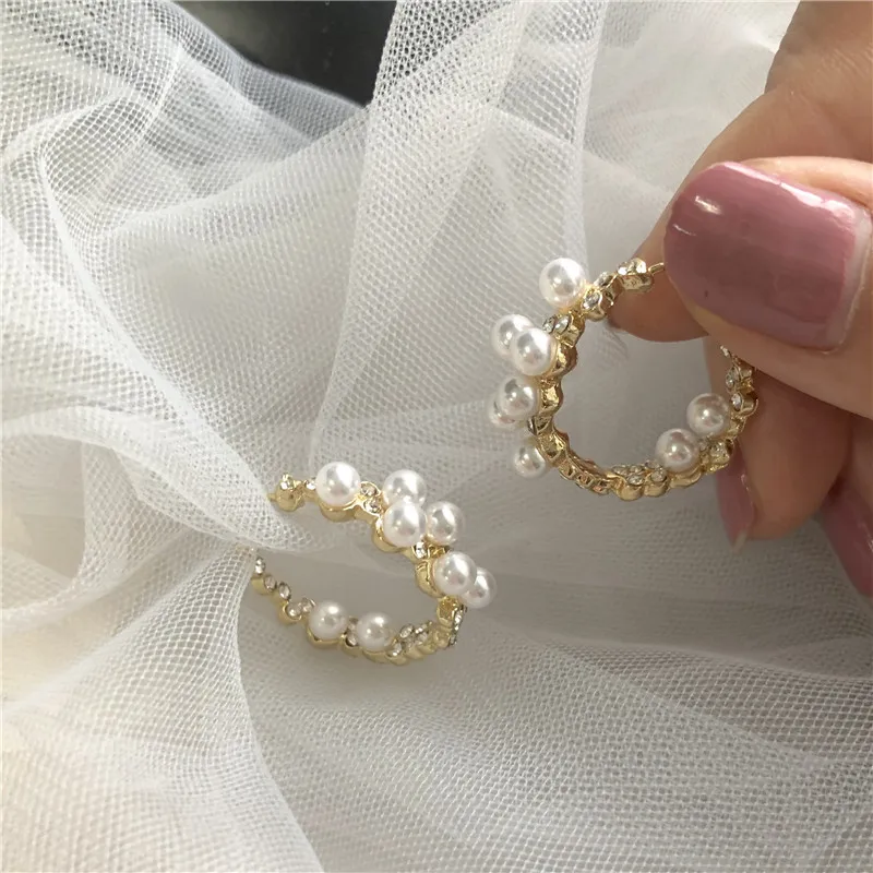 Crystal C Cuff Stud Earrings Charm CZ Diamond Earring ​Geometric C-Shaped Imitation Pearl Earrings Woman Wedding Party Jewelry