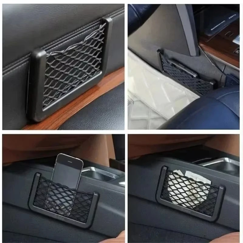 Car Pocket Phone Nets holding cable and sunglasses in mesh pocket