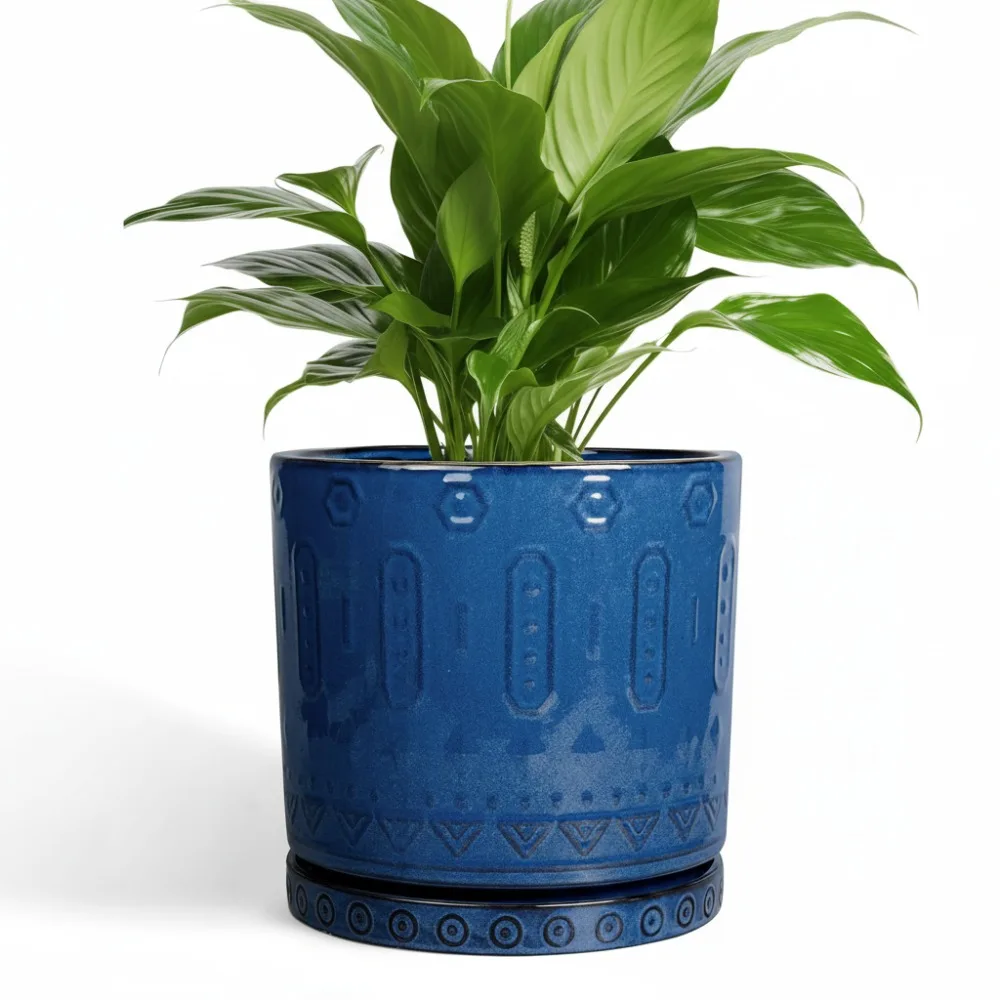 

8-дюймовый керамический горшок с дренажными отверстиями и блюдцем - современный синий цветочный горшок для комнатных и уличных растений, суккулентов, домашнего декора