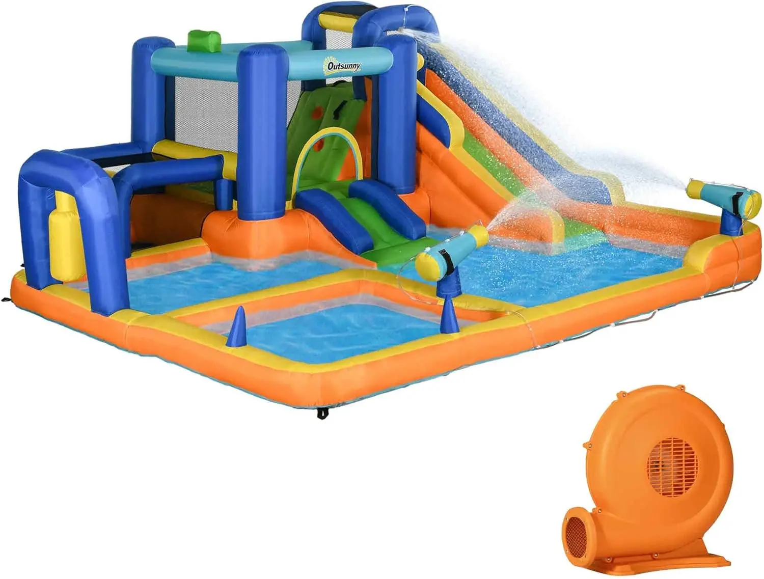 Kids Inflatable Water Slide 7-in-1 Bounce House Water Park Jumping Castle with Water Pool, Slide, Soccer Goal, Basketball Hoop