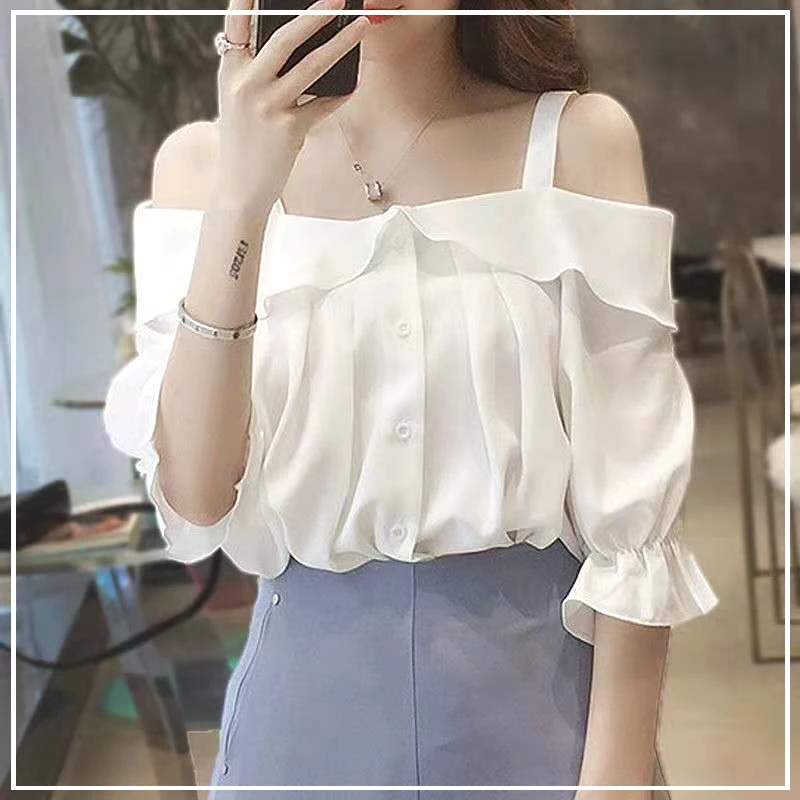 

2024 Summer Sling Solid Color Leisure One Shoulder Leisure Korean Version Frill Premium Solid Color Generous Button Women Shirt