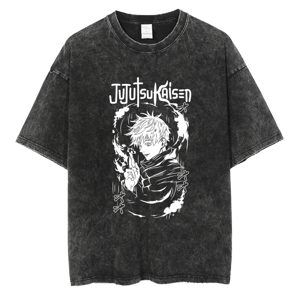 Camiseta de gran tamaño de Hip Hop para hombre, ropa de calle de Anime japonés, Jujutsu Kaisen, Camiseta con estampado de dibujos animados, camiseta Retro suelta de algodón informal