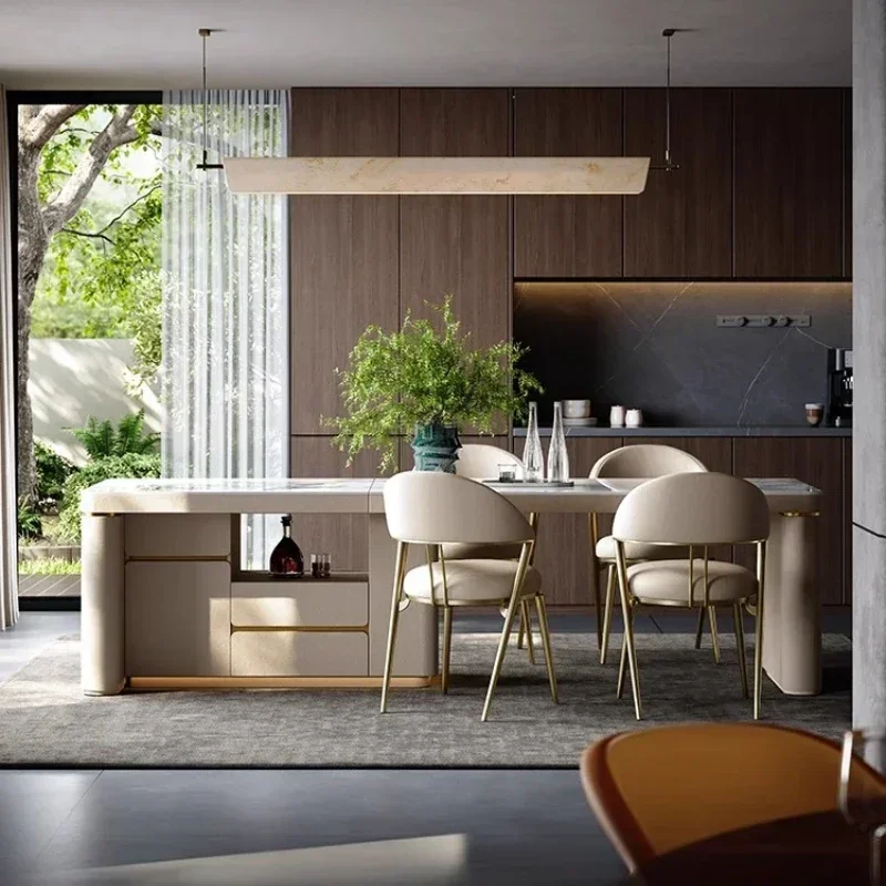

Multi Functional Rock Slab Lifting Island Table Rectangle Chair Minimalist Modern Cream Wind Dining Table Integrated Retractable