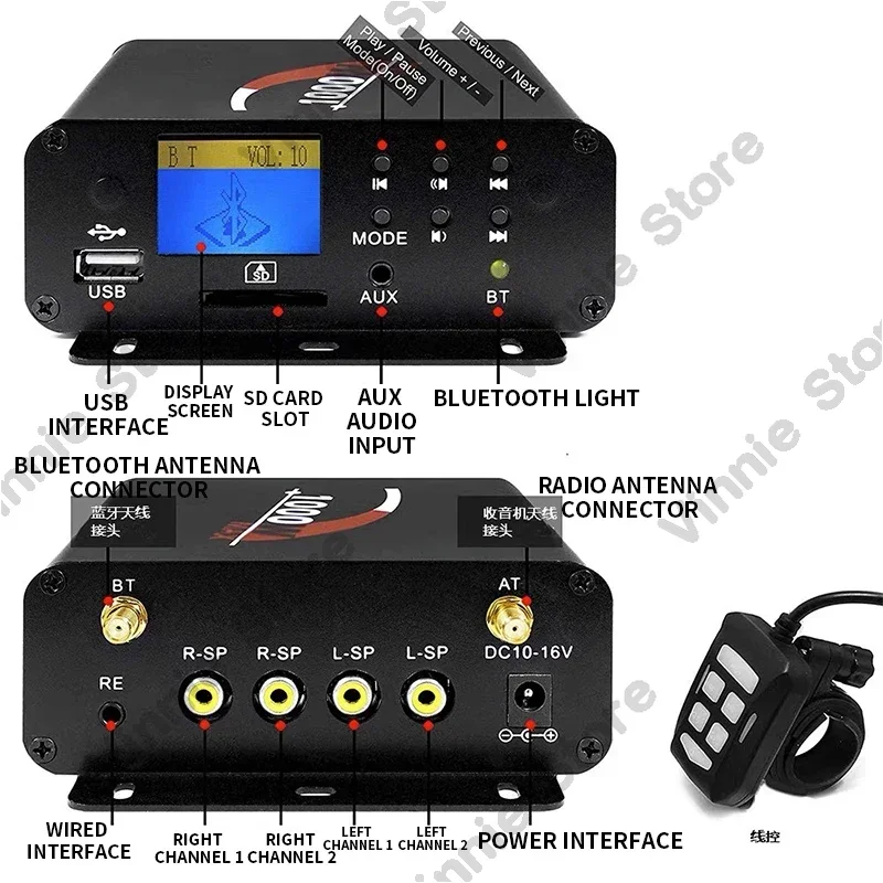 

Водонепроницаемые мотоциклетные Bluetooth-колонки M1000, стереосистема с 4-канальным встроенным усилителем мощностью 1000 Вт, входами USB, AUX, MP3