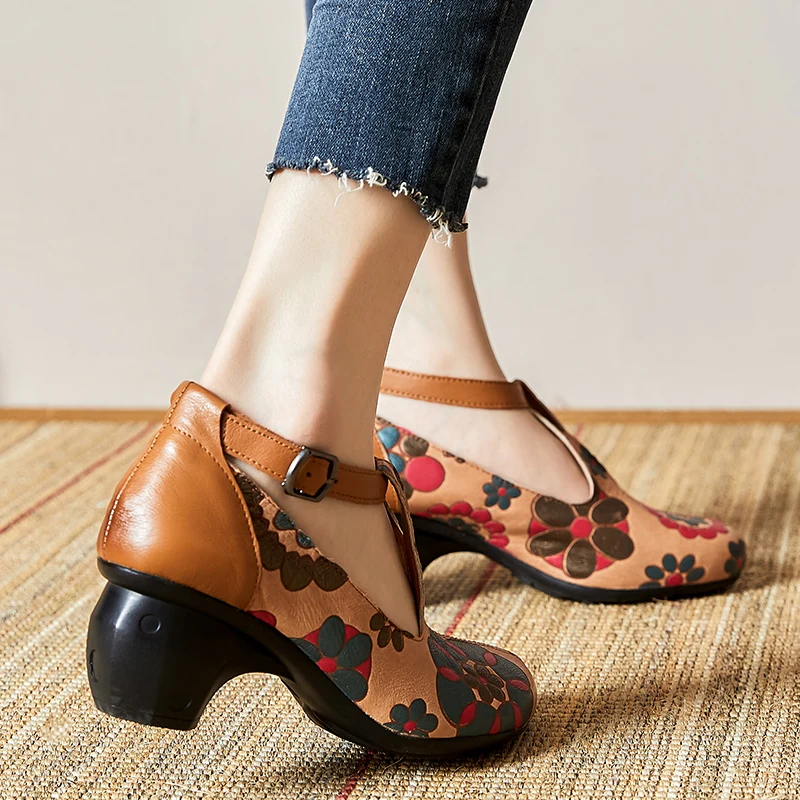 GKTINOO Pumps Women Shoes Genuine Leather Round Toe Printing 2024 New Autumn Retro Handmade Concise Comfortable Ladies Shoes