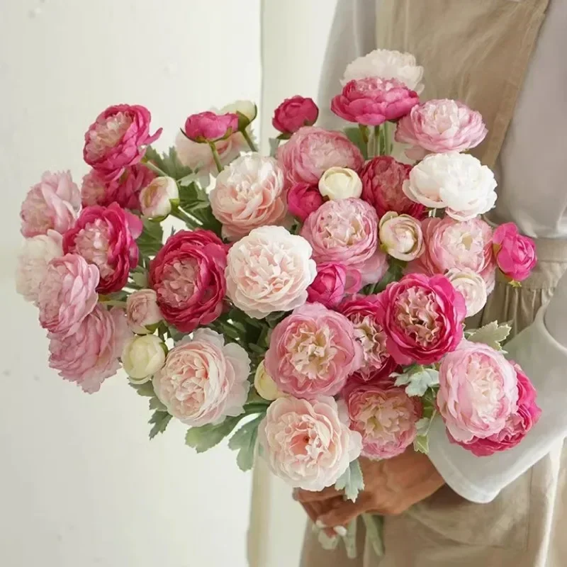 Artificial Flower Rose Peony 50cm 2 Big Heads 1 Small Buds Bouquet Simulation Flowers Wedding Bride Accessories Home Decoration