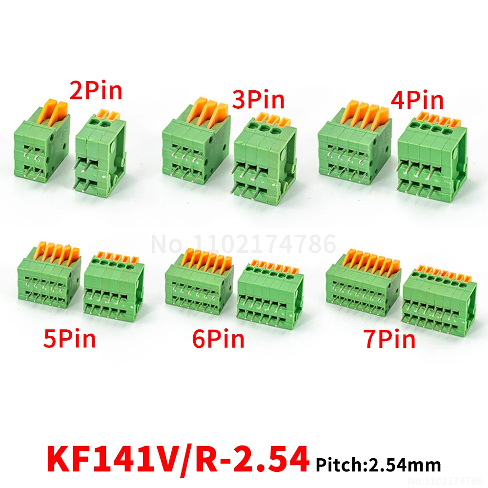 (5 pcs) KF 141V 141R - 2.54mm terminal blocks 2~12P spring-loaded PCB connectors with straight or angled pin 141V/R 2.54