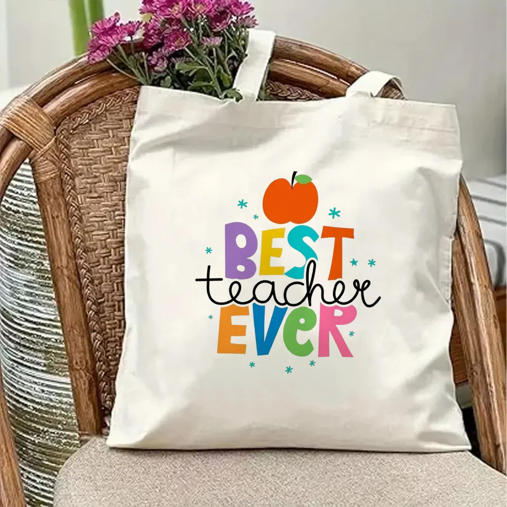 Best Teacher Ever Canvas Tote Bag Cute Apple Graphic Print Appreciation Gift For Women Reusable Shopping Shoulder Purse