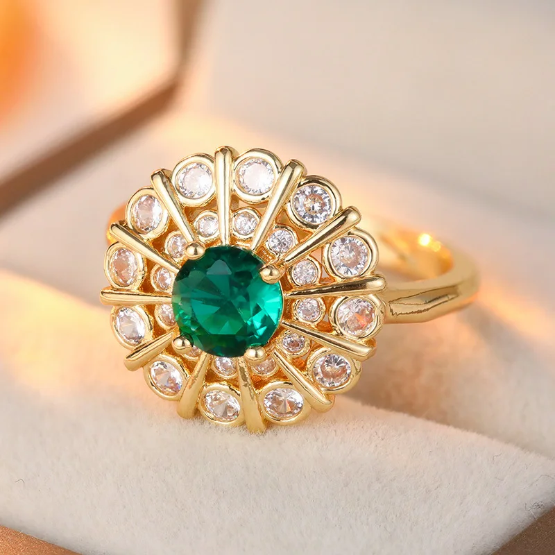 Luxuriöser weiß-grüner synthetischer Zirkon-Ring in Blumenform, geeignet für Hochzeitsbankette, eleganter Ring-Schmuck für Frauen