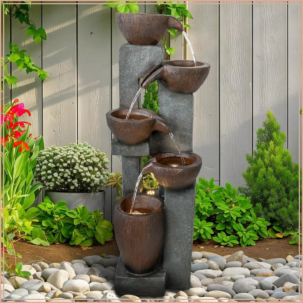 Modern Outdoor Fountain 5 Crocks Garden Water Feature with LED Light for Patio Deck Porch Backyard