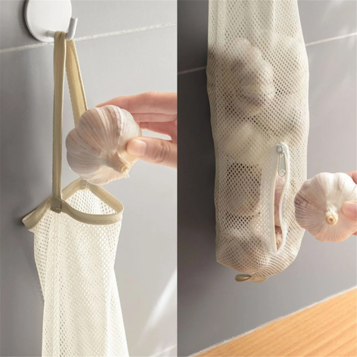 Bolsa de almacenamiento, bolsa de almacenamiento de malla colgante, bolsa de malla para comestibles, bolsa de red para ajo, bolsa de compras de red para cebollas, ajo, fruta, jengibre, Vegeta