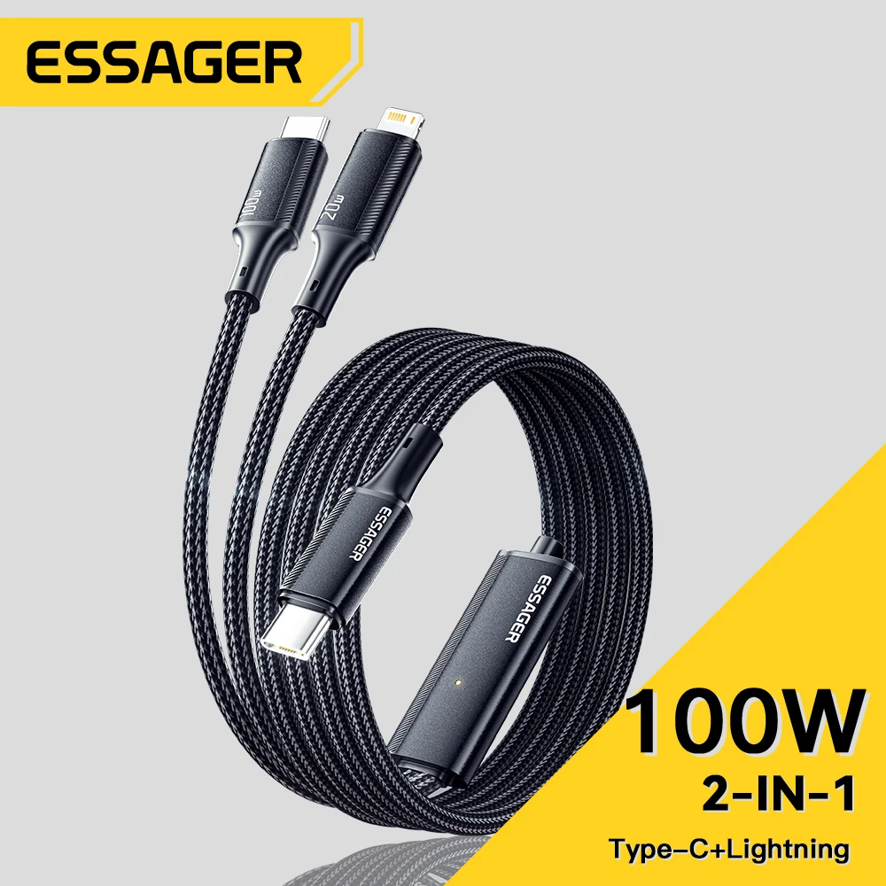 Essager 100W Cable USB C to Type C to Lighting PD Fast Charger Data 2 in 1 Quick Charging Cord For Macbook iPhone Samsung Xiaomi