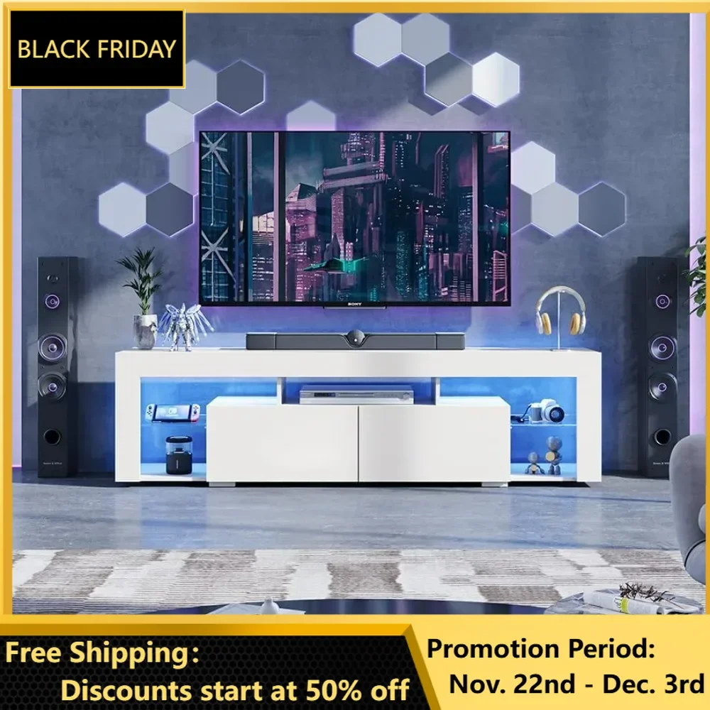 63 Inch TV Stand, LED Entertainment Center for 60 to 70 Inch TV, Modern TV Console with 2 Drawers, TV Stands for Living Room