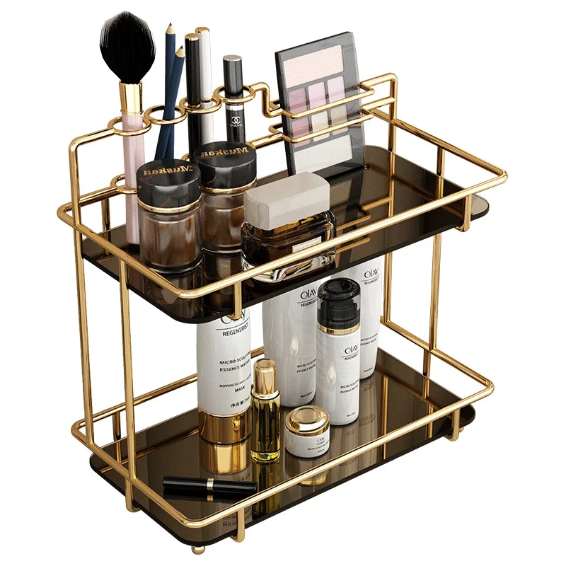 Étagère de maquillage multicouche dorée, accessoires et supports de bureau, HOToilet HOCosmetic Storage T1 Evaluation