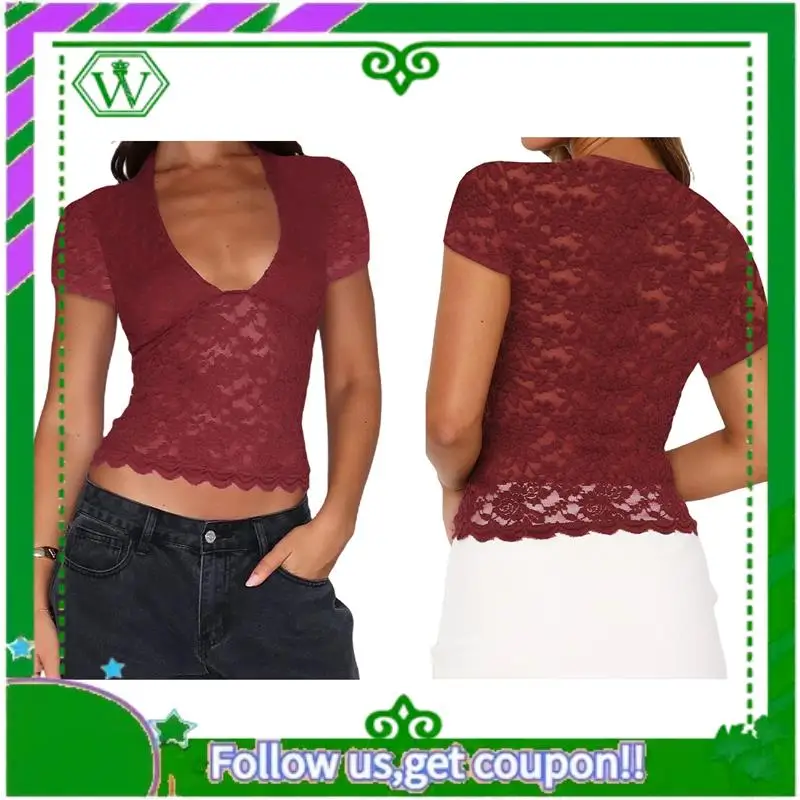 A18P-Women's Lace Short Sleeve Shirt Low Cut Y2K Slim Fit Top Going Out Club Concert Clothes