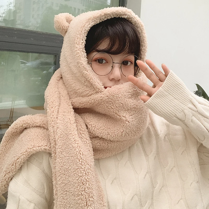 Winter Cute Bear Ear Hat Scarf Set for Women Novelty Beanies Casual Warm Plush Solid Bonnet Girls Fleece Thick Skull Cap Present