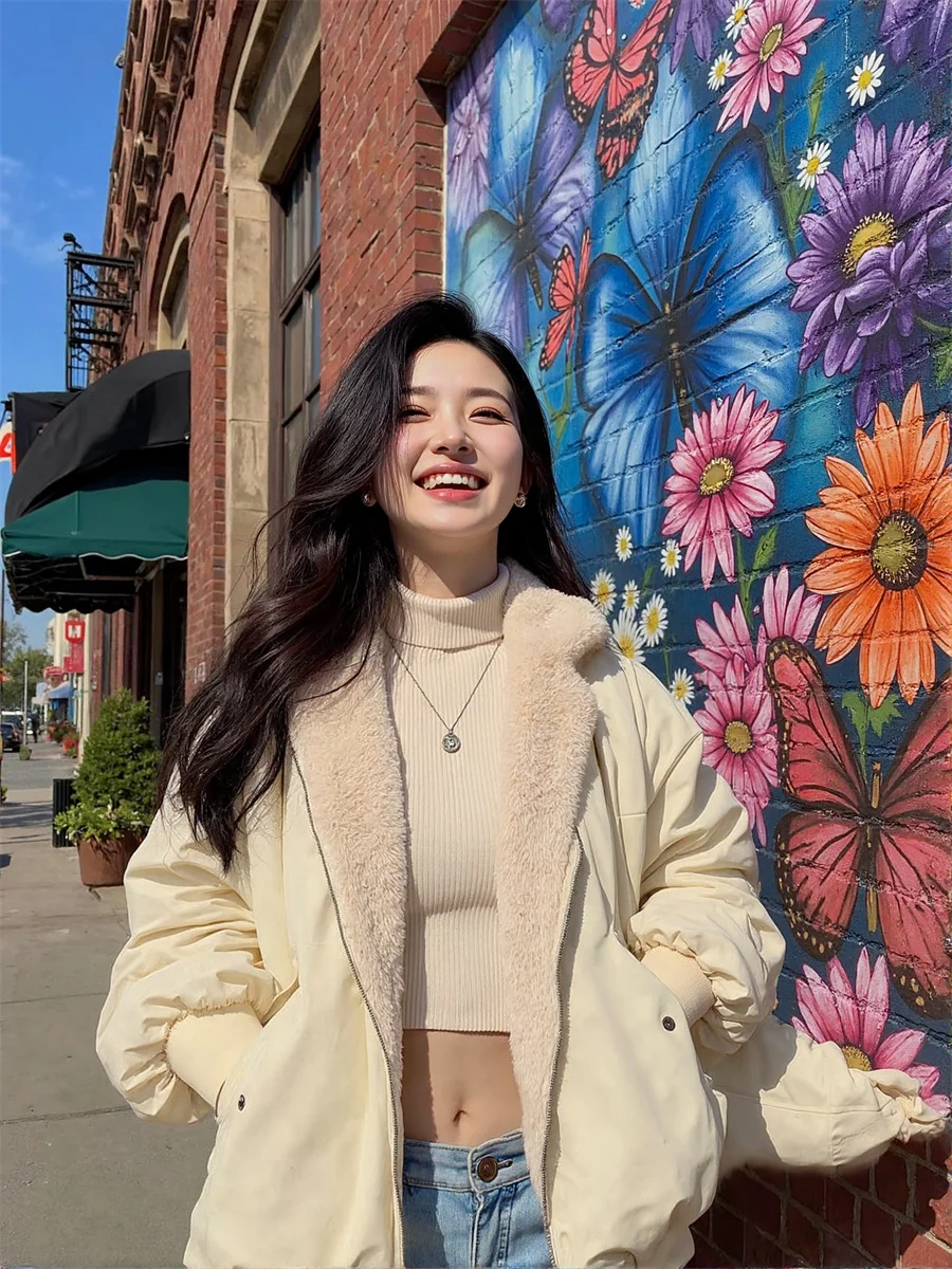 Parkas ผู้หญิงสบายๆแฟชั่นเกาหลีเสื้อแขนยาวผ้าฝ้ายเบาะแจ๊กเก็ตสีทึบสบายความงามกระเป๋า