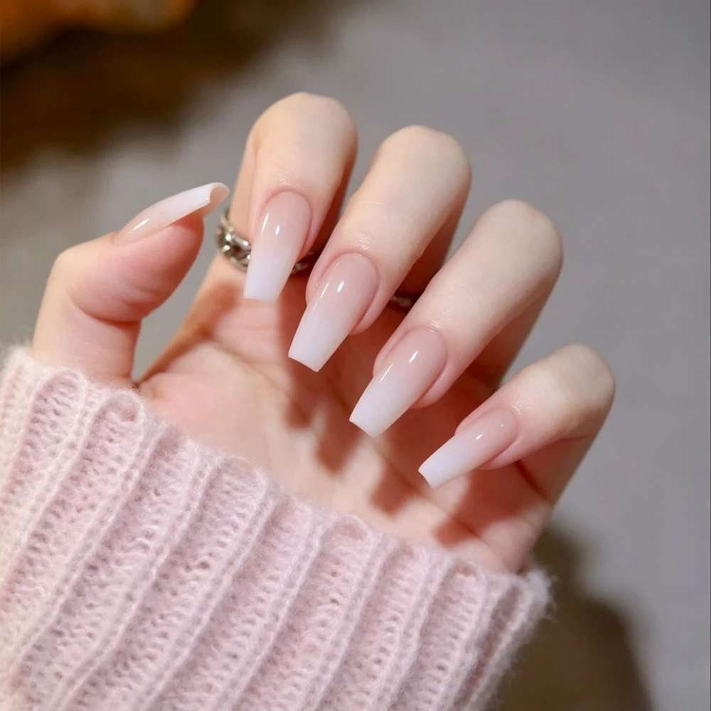 24pcs/Box Long Coffin False Nails Art Rose with Glue Wearable Nude Pink White Color Jelly Nails Tips Full Cover Press on Nails view 6