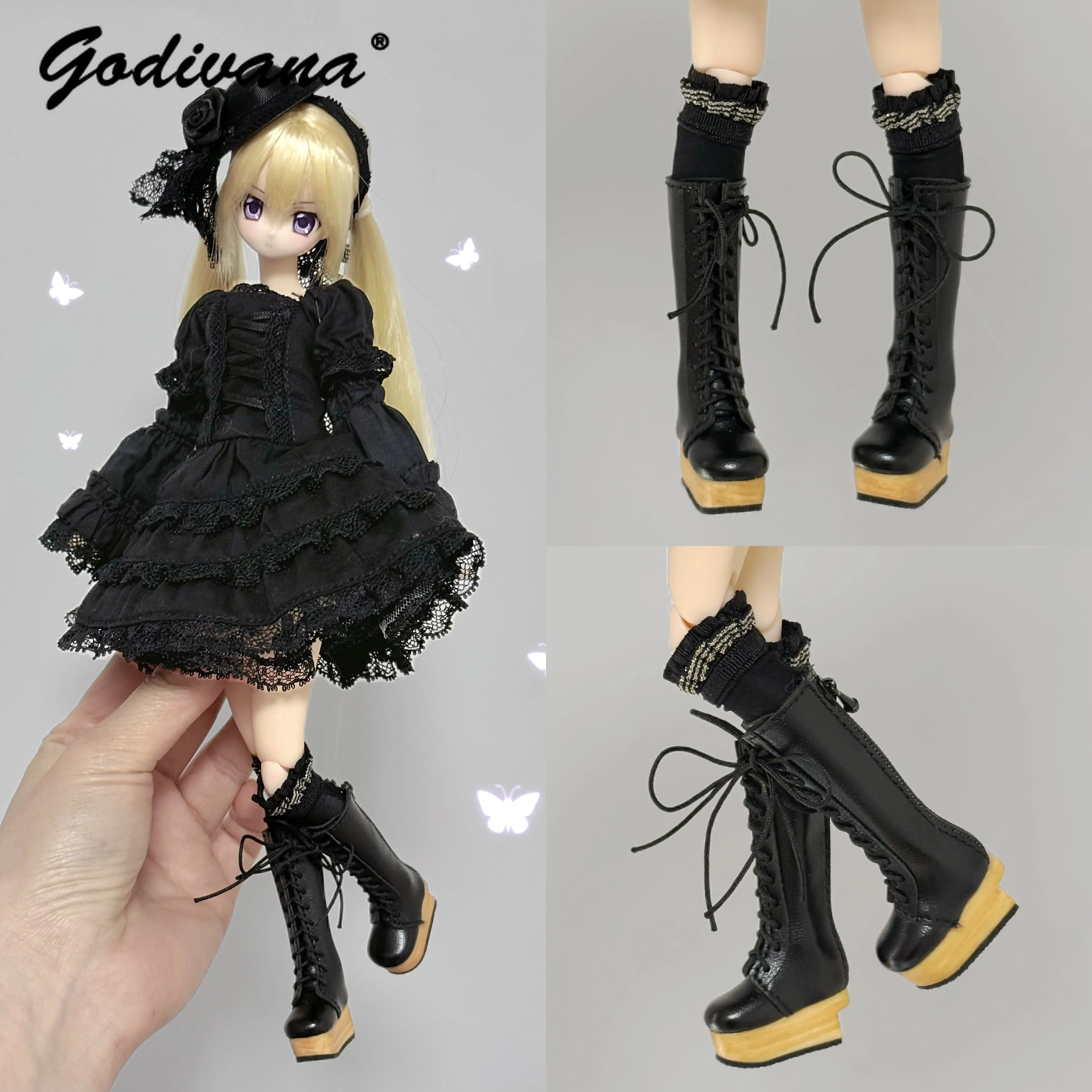 1/3 1/4 BJD Doll Gothic Lolita Wooden Sole Tall Boots Lace‑Up Platform Long Boots PU Leather Doll Shoes for Azone Ob22 Ob24