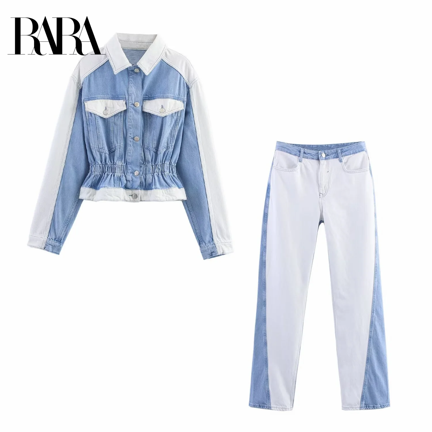 

RARA2025 Женская осенняя новая джинсовая куртка контрастного цвета в стиле пэчворк с лацканами и длинными рукавами, пальто + прямые джинсы со средней талией контрастного цвета