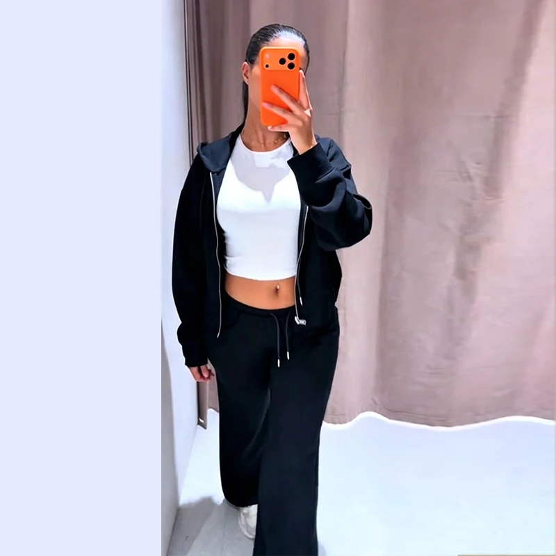 Damen-Hosen-Sets mit Kapuze, Langarm-Reißverschluss, Oversize-Mäntel, Kordelzug-Taille, Schlaghosen, Frühling-Herbst, schicke neue Outfits für Damen – Detail 27