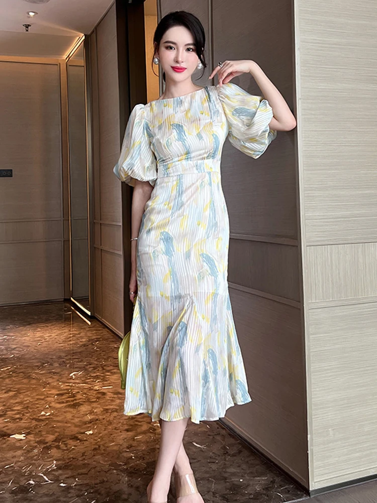 Summer Women Maxi Dress French Sweet Elegant Silk Satin Print Puff Short Sleeve Long Fishtail Robe Office Party Holiday Vestidos