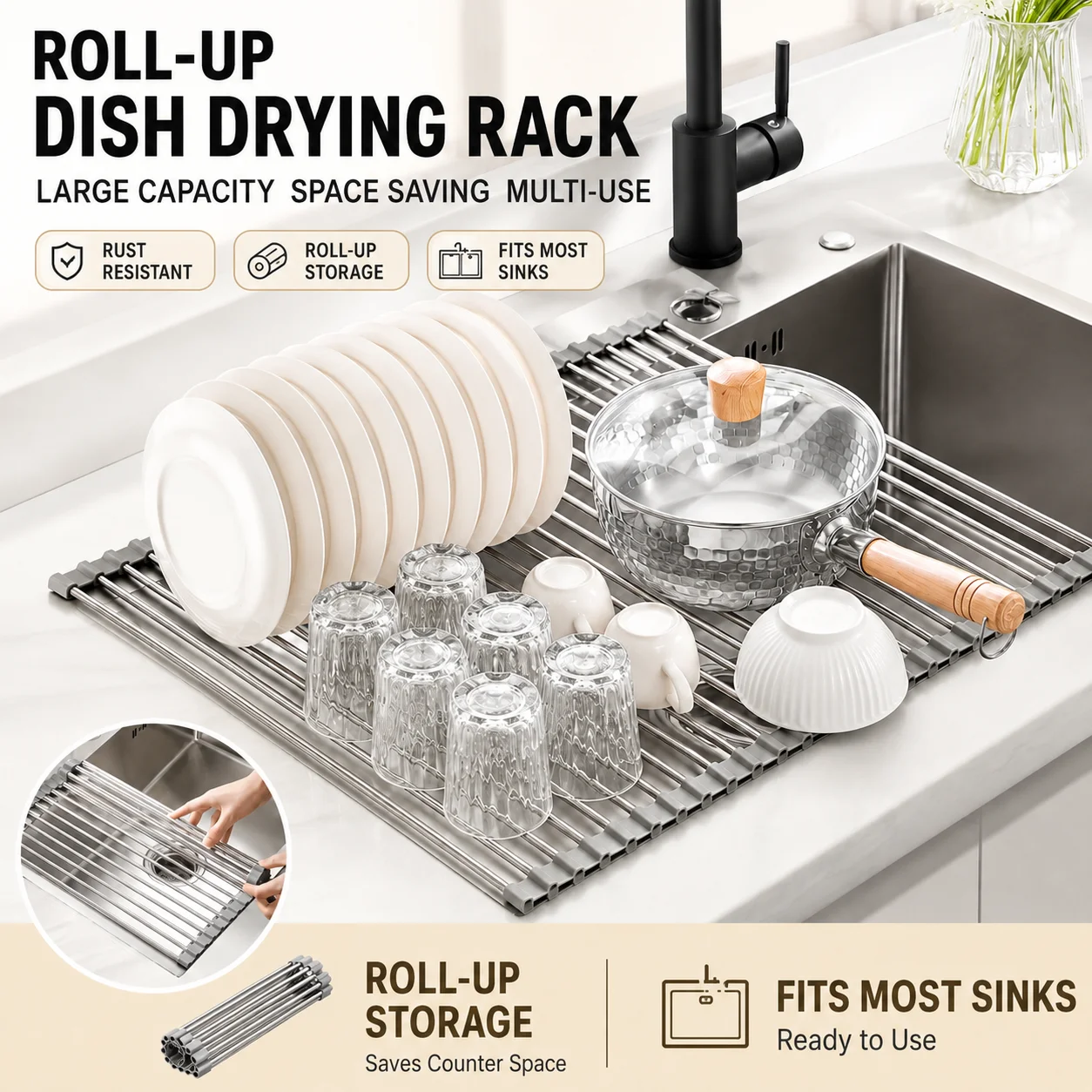 1Pc Luxury Stainless Steel Foldable Over Sink Dish Drying Rack Space Saving Multifunctional Rollable Sink Mat Rustproof Durable