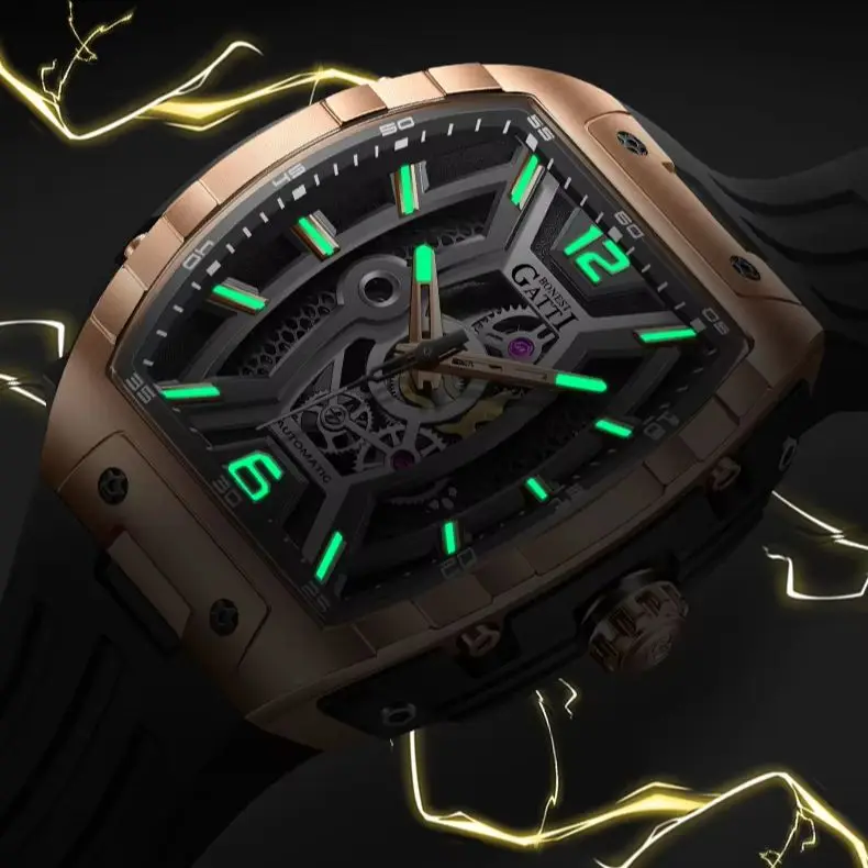 

BONEST GATTI Мужские автоматические часы 46 мм Tonneau Механические наручные часы 50 м Водонепроницаемые сапфировые светящиеся скелетонизированные циферблаты