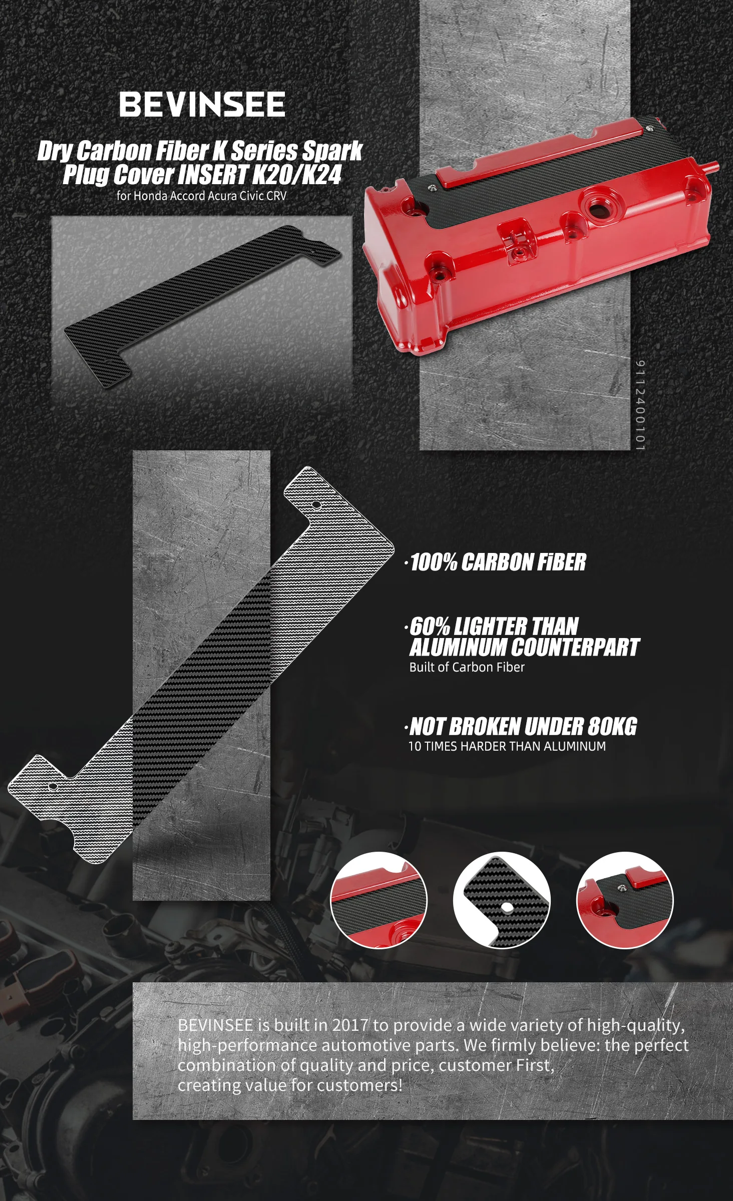 (EU-Lagerbestand) Trockene Kohlefaser-Zündkerzenabdeckung der K-Serie, passend für Honda Acura Accord Civic CRV K20/K24 Motor – Detail 1
