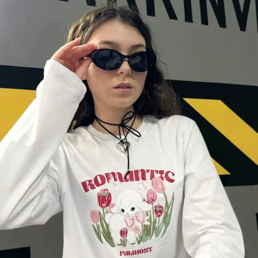 Y2K White Oversized Long Sleeve Tee Kawaii Pink Bow Lamb Pastel Tulip Floral Romantic Print Soft Cotton Cute Girly Daily Top