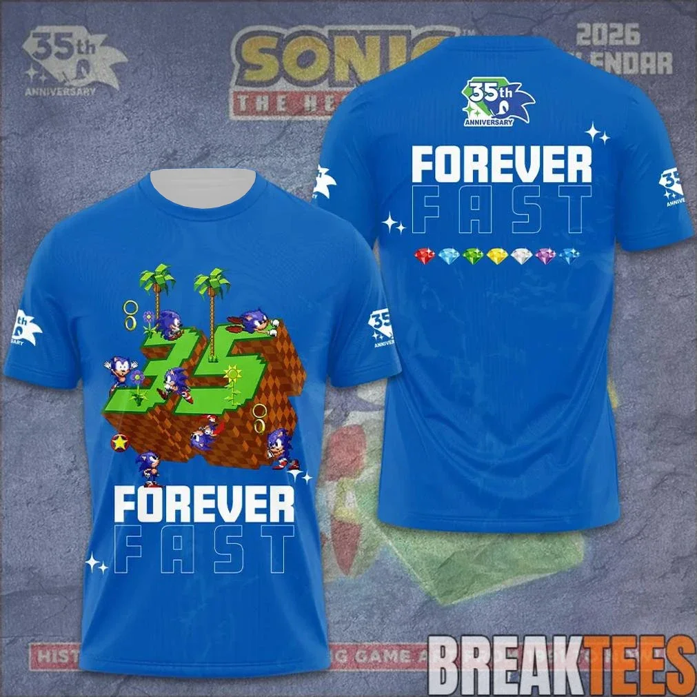 Hot Toys Sonic The Hedgehog 35th Anniversary Adult Kids Casual T-Shirt Forever Fast Cartoon Print Short Sleeve Streetwear Tops