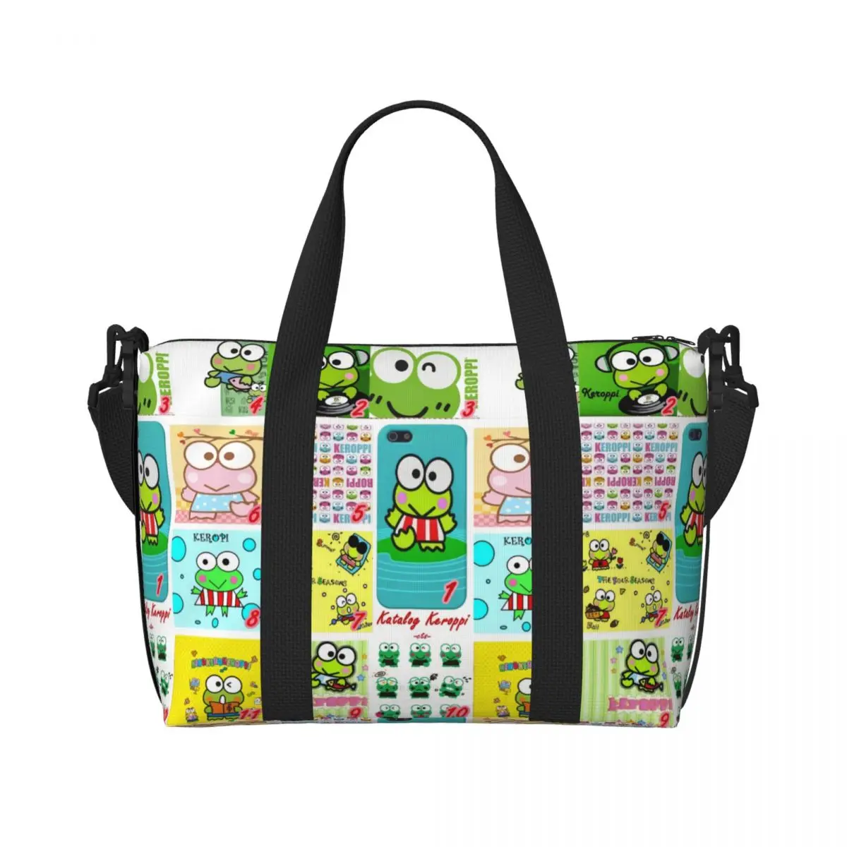 

Custom Cartoon Kero Kero Keroppi Sanrio Anime Beach Tote Bag for Women Large Compartment Gym Beach Travel Bags
