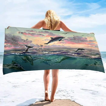 Dolphin beach towel, lightweight microfiber swimming pool bath travel towel, super soft quick dry sand free beach towel dolphin