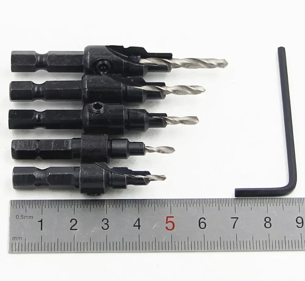 5pcs HSS 1/4 Hex Shank Countersunk Drill Bits Tapper Tool woodworking Wood Pilot Hole Size #5 #6 #8 #10 #12 with One Wrench