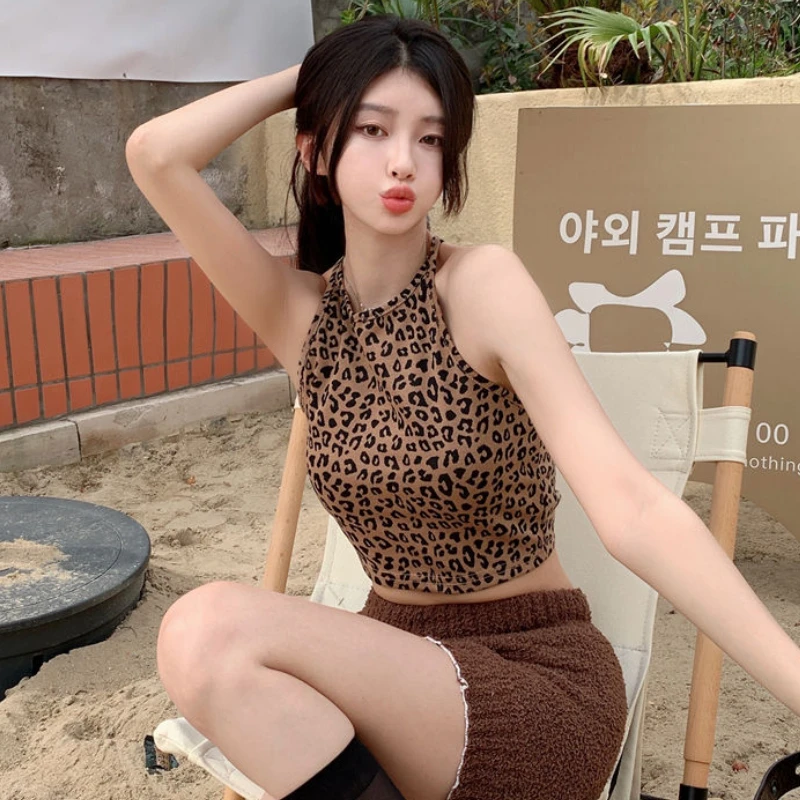 Leopard Tanks Women Y2k Hotsweet Bandage Backless Summer Beach Crop Tops Holiday Sexy Female Streetwear Charming Sleevless Chic
